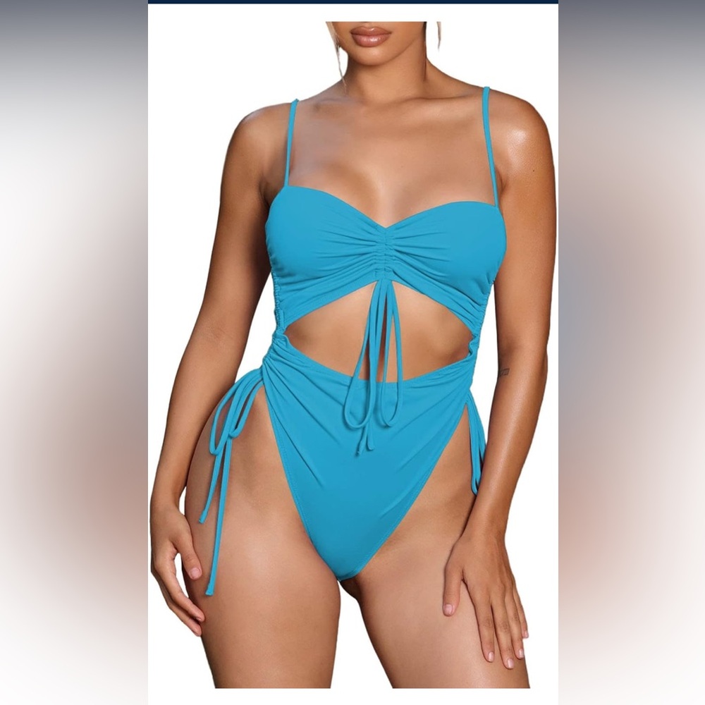 Viottiset,Large,Women's Drawstring One Piece Swimsuit Cheeky High Cut,Light Blue